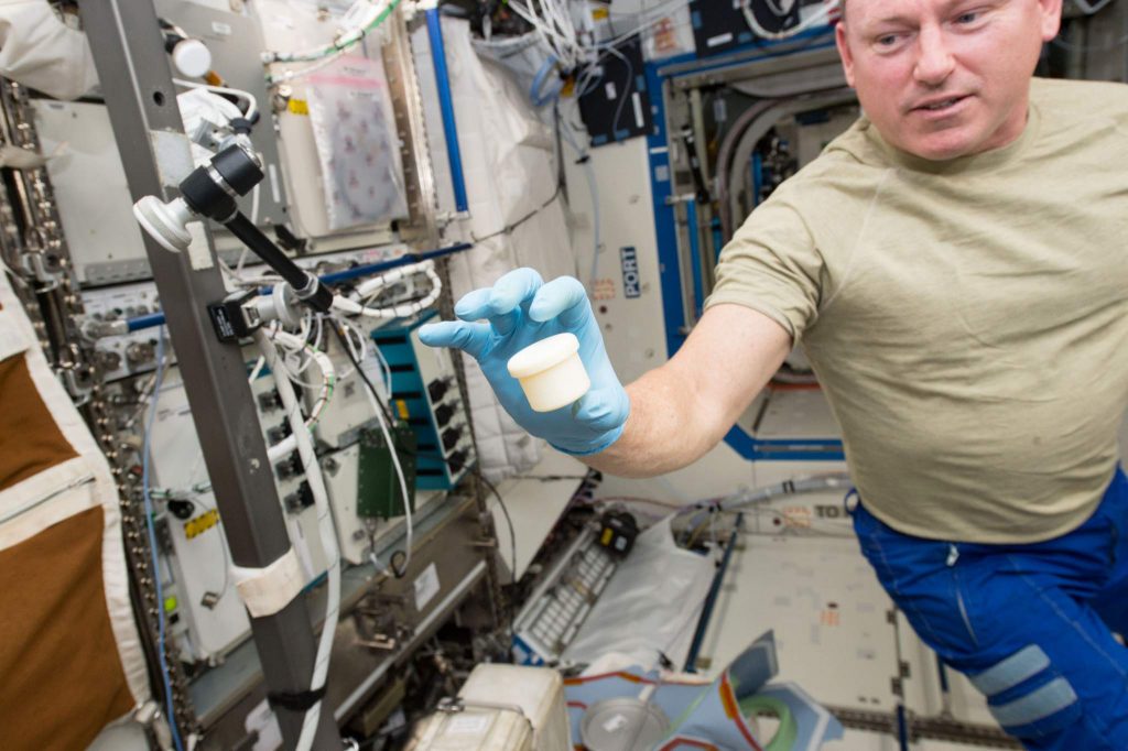 A two-part sample tub 3D printed on the International Space Station (ISS). Photo via NASA