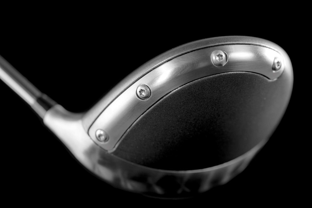 A golf driver KD-1. Co-engineered by CRP and Krone golf. 3D printed head in Windform SP manufactured by CRP Technology. Face in titanium CNC machined and weight in brass CNC machined by CRP Meccanica