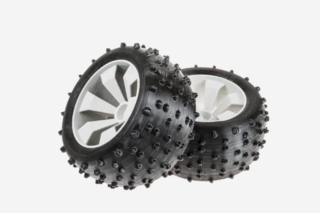 Toy tires 3D printed in the Fiberflex 40D filament. Photo via Fiberology