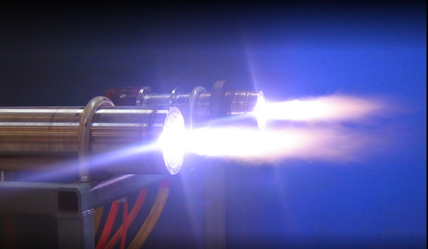 Gas plasma jets as used in the atomization process. Photo via PyroGenesis.