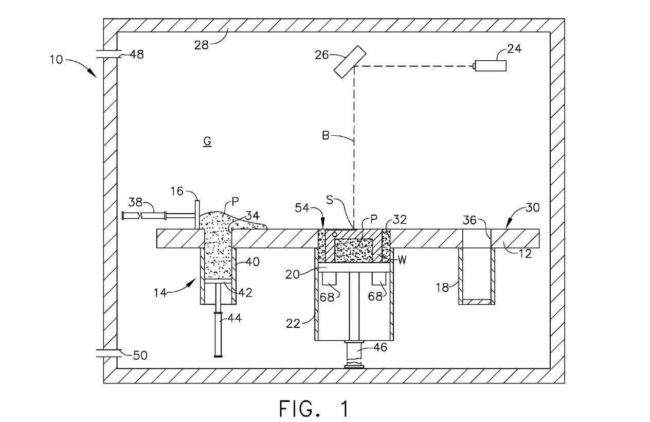Figure 1 from the published patent shows a "schematic cross-sectional view of an exemplary additive manufacturing process." The acoustic sensors, 68 can be seen underneath the build plate, 20. Image via General Electric. 
