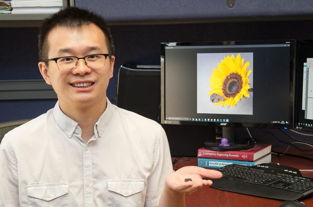 Dong Lin holds a sample of the graphene aerogel 3D printed into the Kansas State Wildcats' logo. The screen next to him show the 3D graphene aerogel Wildcat head resting on the petals of a sunflower. Photo via Kansas State University.