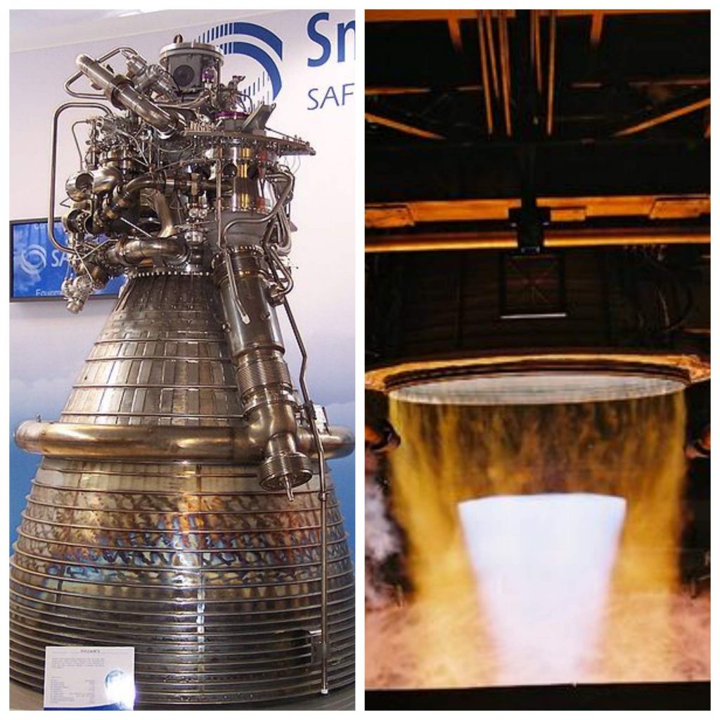 The Vulcain 2 engine and a test firing in 2004. Photos via Snecma