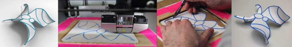 Process of 3D printing self-assembling fabric. Photos via URJC Madrid/Disney Research