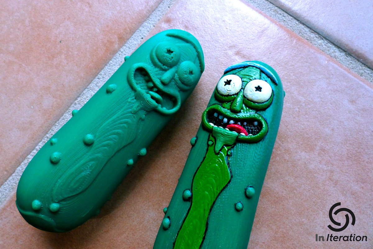 3D printed Pickle Rick and his alternate reality post-processed counterpart. Image via MyMiniFactory user Jon Cleaver.