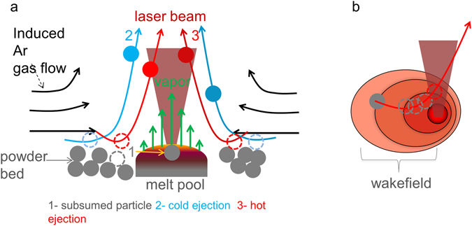 Schematic showing how semi sintered particles are rushed into the melt pool inside powder bed fusion additive manufacturing. Image via Scientific Reports