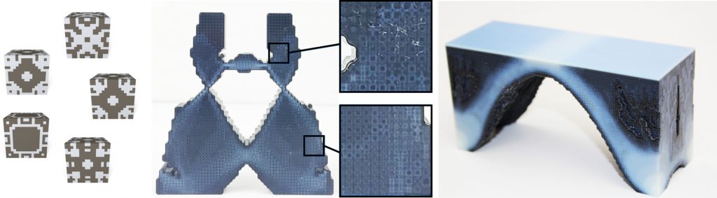 Voxel by voxel structure of topologically optomized soft gripper (center) and bridge (right). Image via Zhu, Skouras, Chen & Matusik
