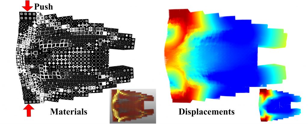Left: Voxel pattern composition of a 3D printed soft gripper. Right: The displacement of mechanical stresses created by this pattern of voxels. Image via Zhu, Skouras, Chen & Matusik