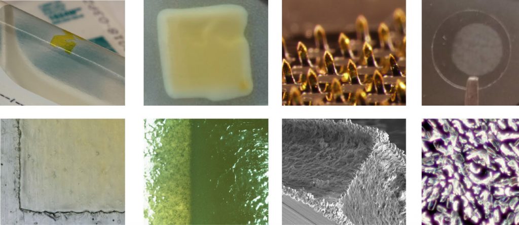 Paracetamol and other drugs layered on to different substrates. Top row from left to right: on Tegaderm, a Listerine tab, steel microneedles and glass slides. Bottom row from left to right: microscopic detail of drugs on respective substrates above. Image via Nature Communications