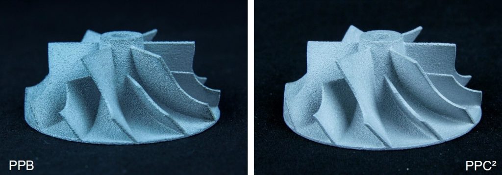 Comparison of an impeller component casted using molds made by voxeljet's existing PolyPor B (PPB) process and the new PolyPor C2 process. Image via voxeljet AG