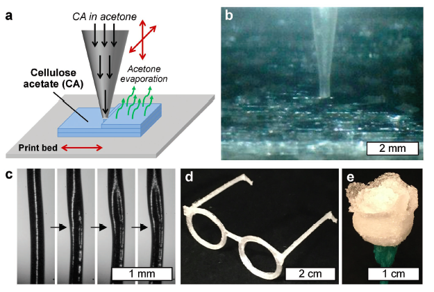 Diagram showing a) printing process b) process under a microscope c) extruded filament d) mini glasses e) mini rose. Image via Advanced Science News.