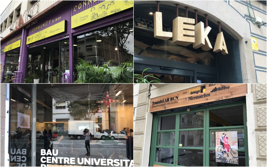 A few highlights of the Poblenou district: Valkiria innovation hub, (top left) LEKA, (top right) the Bau School of Design, (bottom left) and TransforLAB BCN Makerspace (bottom right). Photos by Beau Jackson for 3D Printing Industry