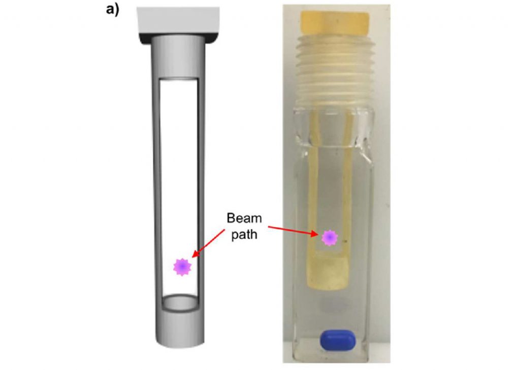 Ames Lab's optimized cuvette adaptor design avoids the laser path needed for chemical testing. Image via ACS Catalysis.