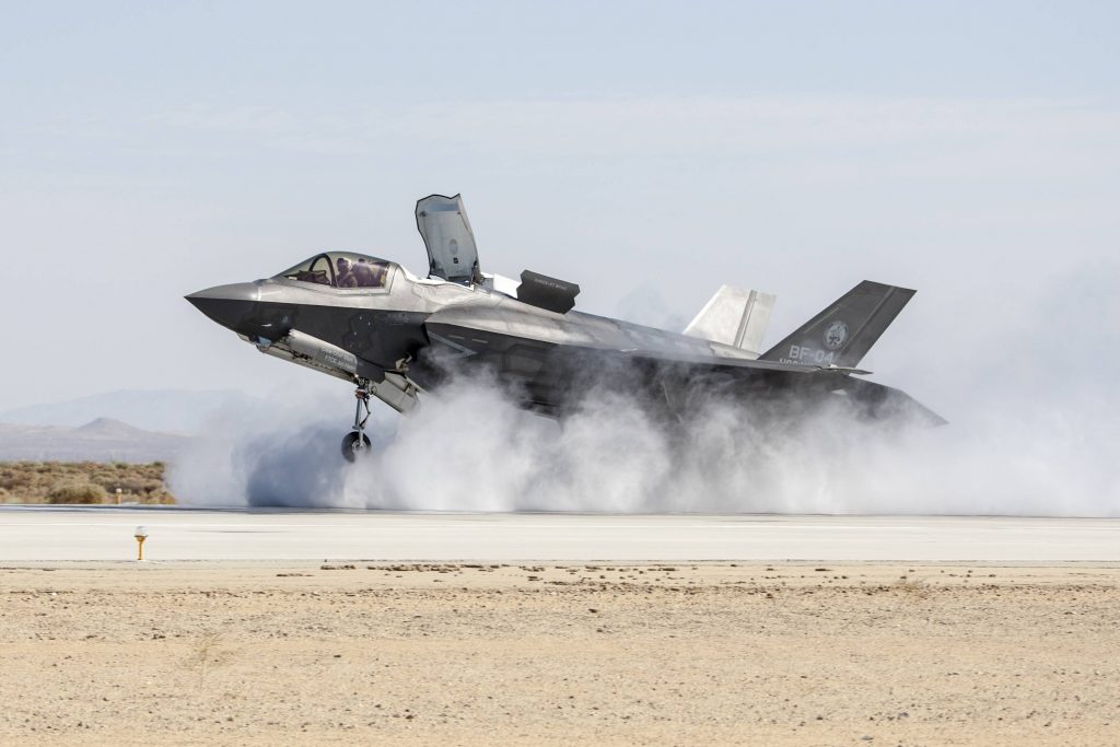 Moog's aircraft portfolio includes work on the Lockheed Martin F-35 Lightning II stealth fighter jet, pictured here successfully landing in a crosswind test. Photo by Tom Reynolds/Lockheed Martin