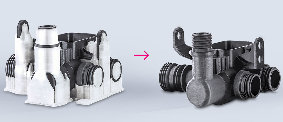 3D printed heater control valve before (left) and after (right) removal of Z-SUPPORT Plus. Image via Zortrax