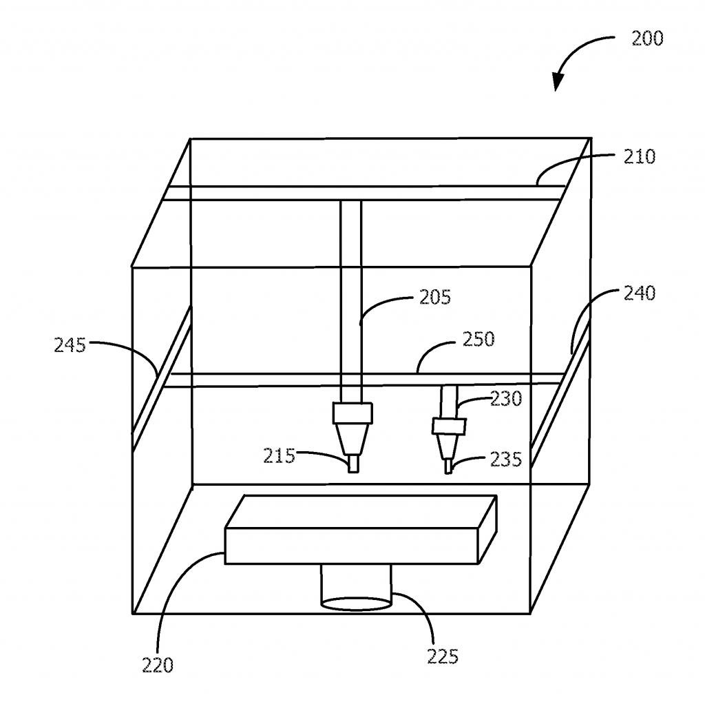 One iteration of the full color 3D printer, where material is colored after extrusion. Image via US Patent Office.