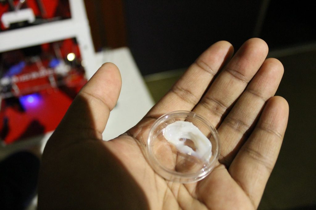 A 3D printed ear model made on an Allevi 3D bioprinter. Photo via Allevi