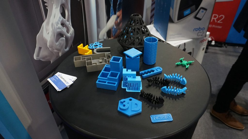 A selection of 3D printed objects from Learn by Layers 3D printed on a Robo R2 3D printer at BETT. Photo by Rushabh Haria.