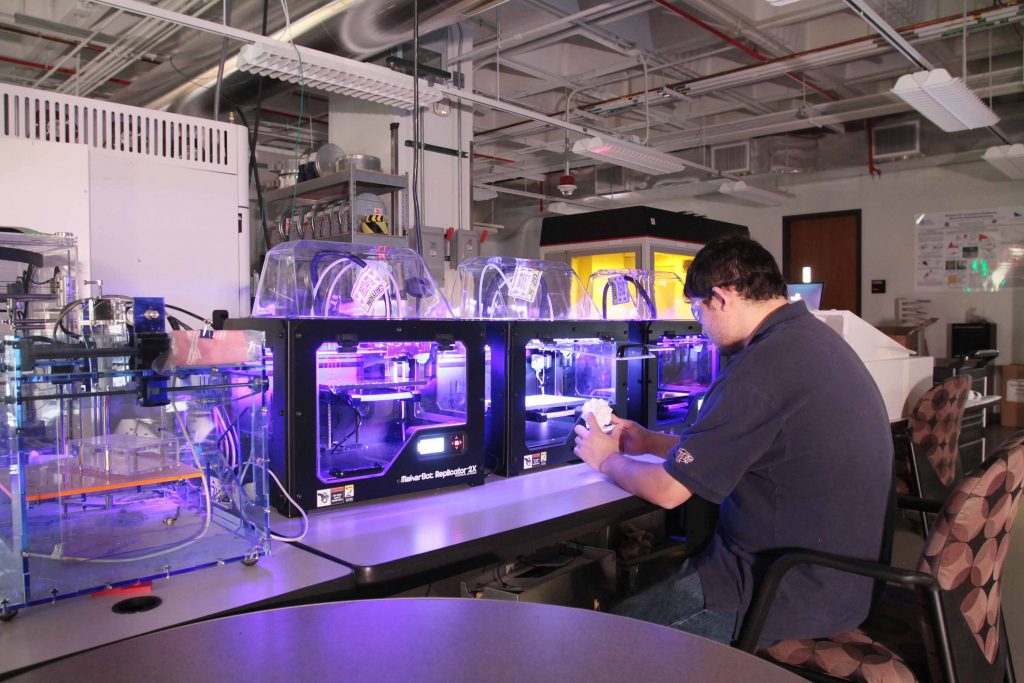 The desktop 3D printer farm at the UTEP Keck Center.  Photo via UTEP/Keck