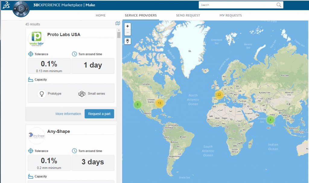 Current distribution map of 3DEXPERIENCE Marketplace Make service partners. Screengrab via Marketplace Make