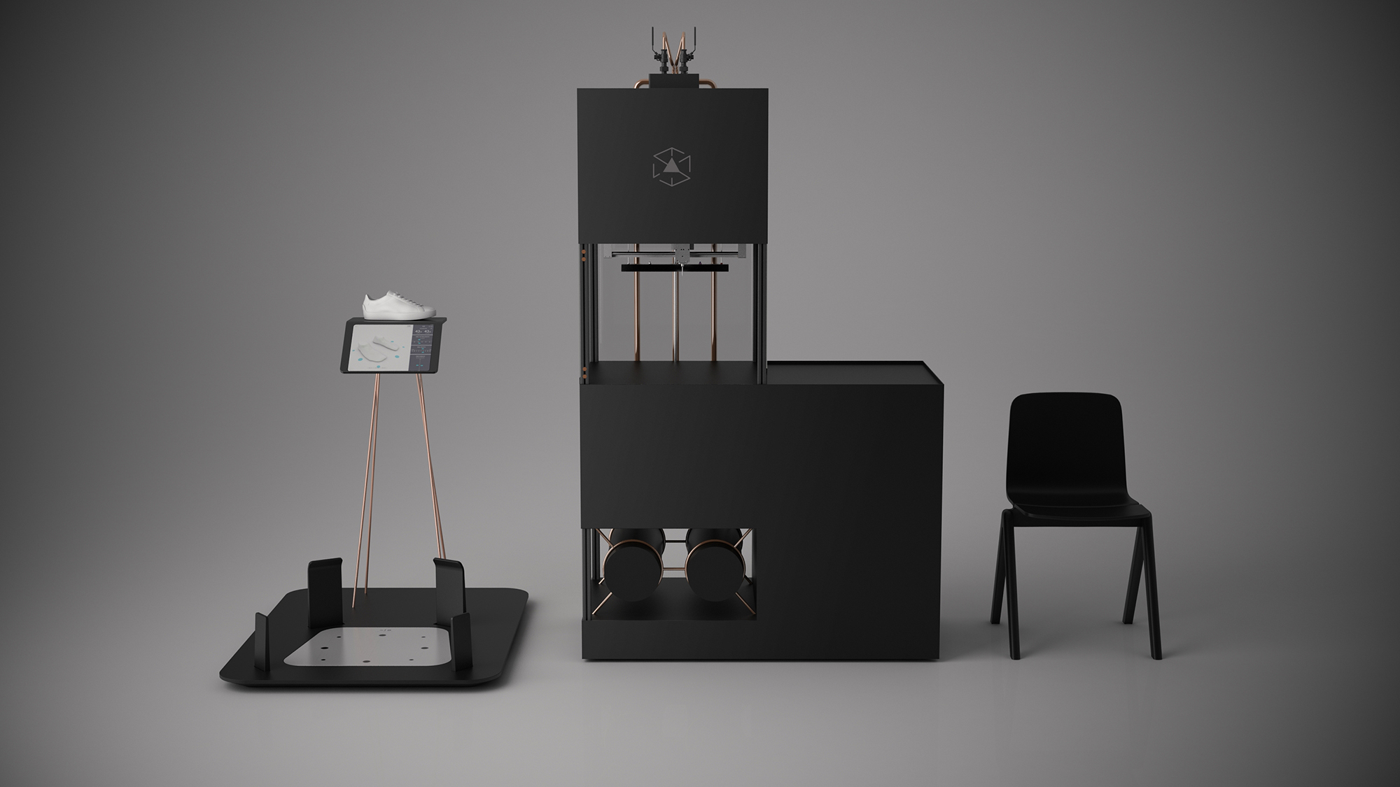 A render of the 3D scanning station and German RepRap modified 3D printer. Image via Ecco.