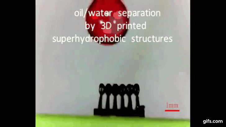 The USC team's 3D printed materials holds water and absorbs oil. Clip via Advanced Materials, supporting information
