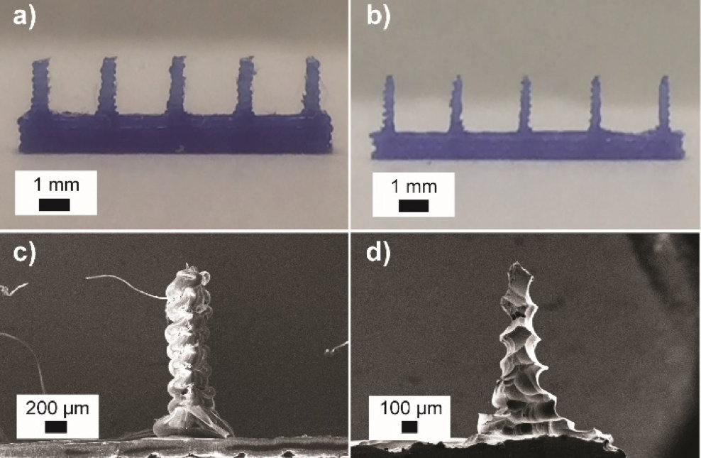 (a,c) 3D printed and (b, d) chemically etched microneedle arrays. Image via ChemRxiv