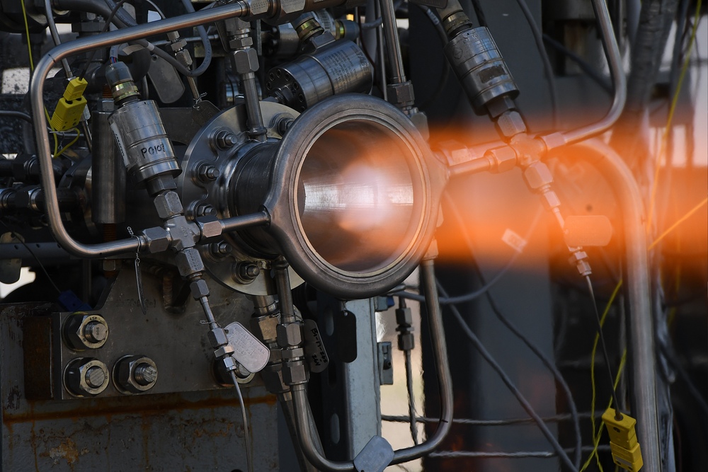 Hot-fire testing of a 3D printed nozzle at NASA's Marshall Space Flight Center. Photo by David Olive/NASA/MSFC