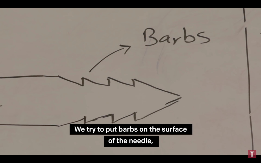 Adding barbs to the needle. Screengrab via Temple University on YouTube
