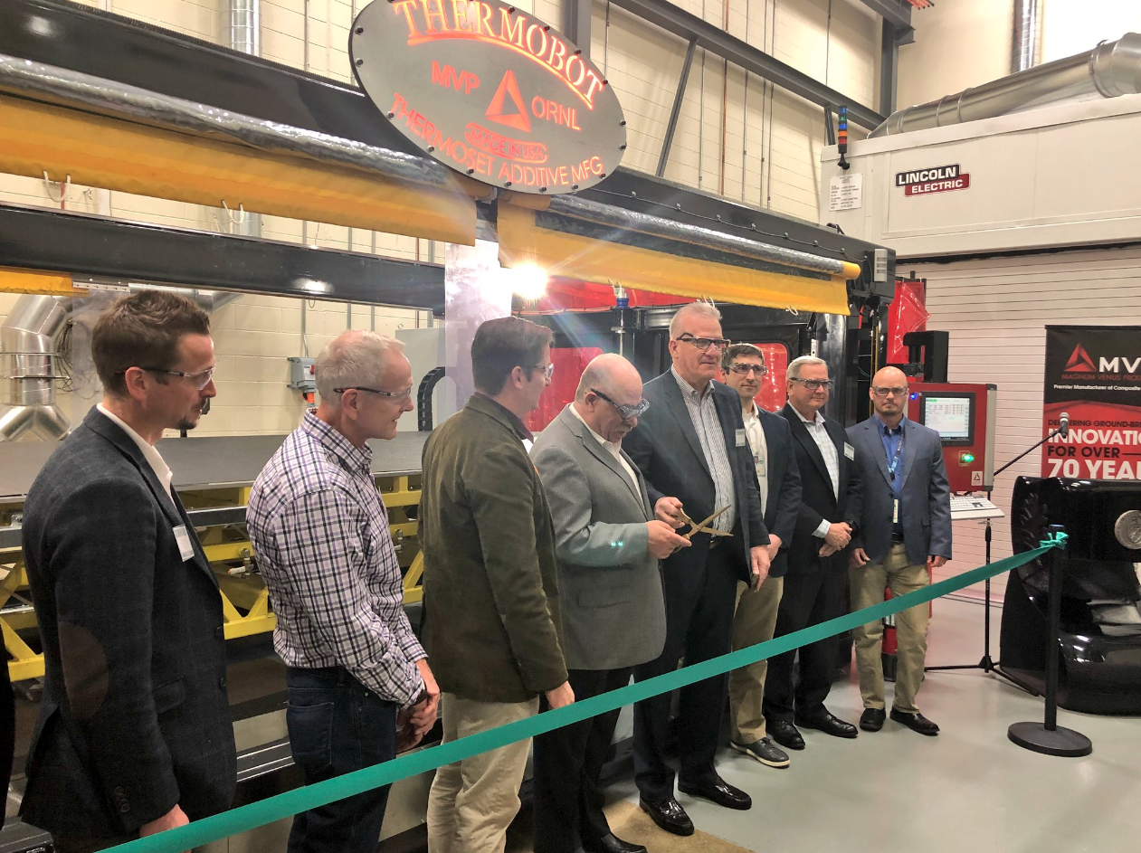 The unveiling of the Thermobot 3D printer at the ORNL Manufacturing Demonstration facility in Tennessee. Photo via Innovation Valley Twitter
