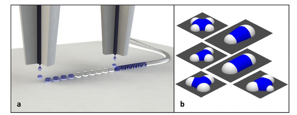 Pinning caps (white droplets) form straight lines, junctions and corners, when the second layer of droplets (blue) is added. Image via Optics Express