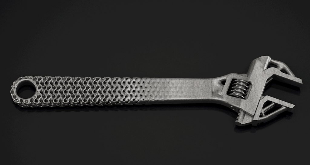 Metal 3D printed wrench demonstrating the blend between lattices and traditional CAD. Phoot via Frustum