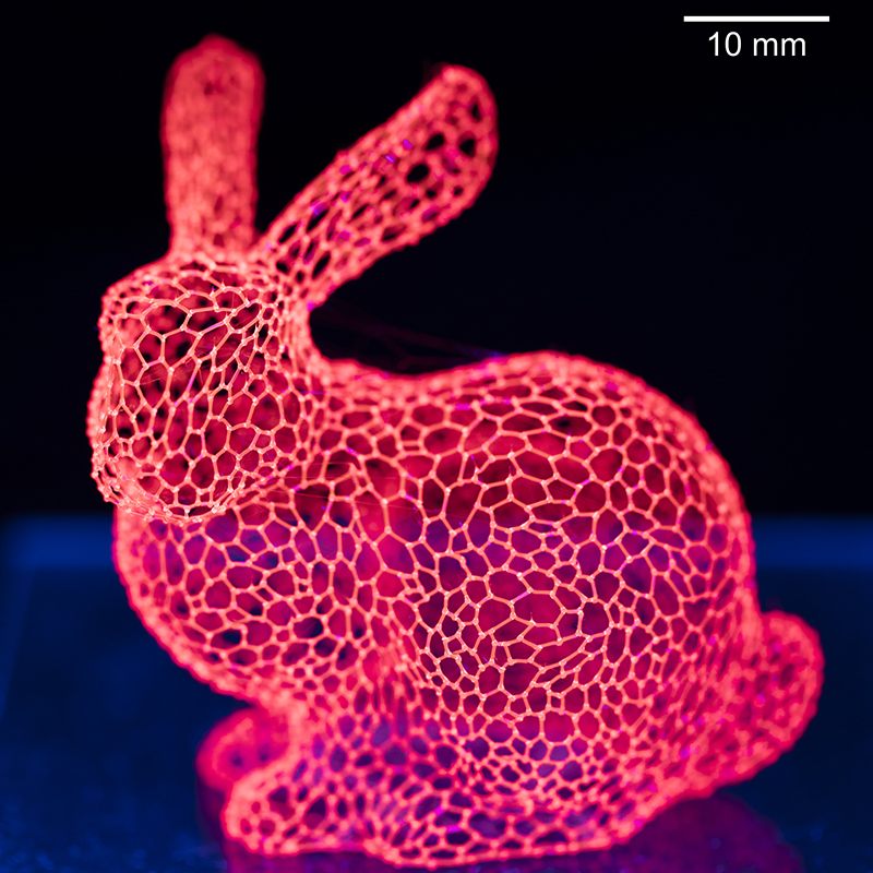 The Stamford Bunny test, made using Illinois' isomalt 3D printer using an ink with colored dye. Photo by Troy Comi/ University of Illinois Urbana-Champaign