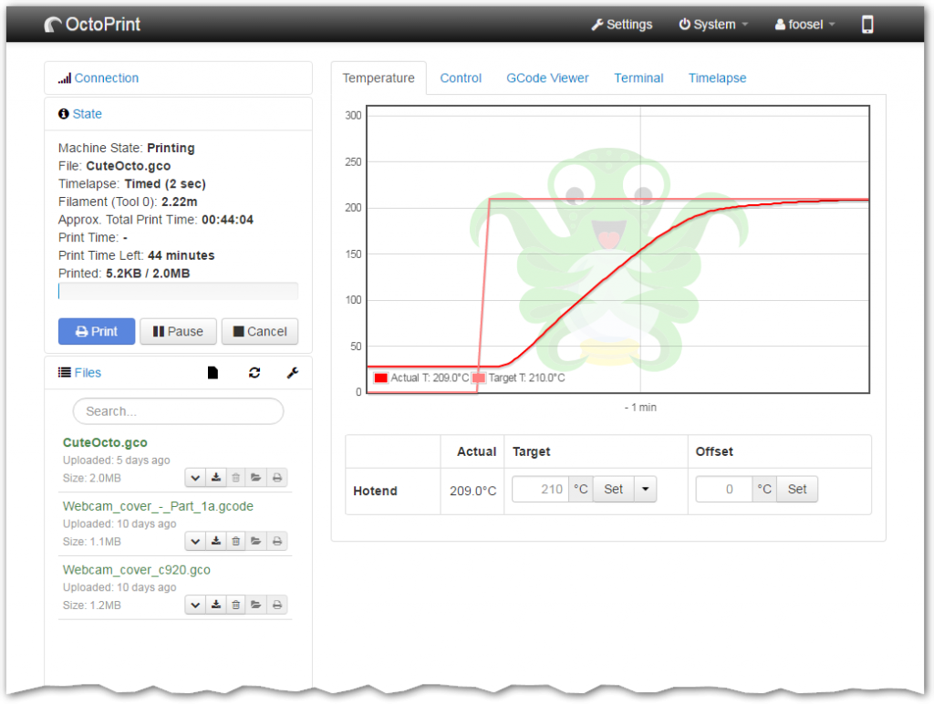OctoPrint features include the temperature monitoring.