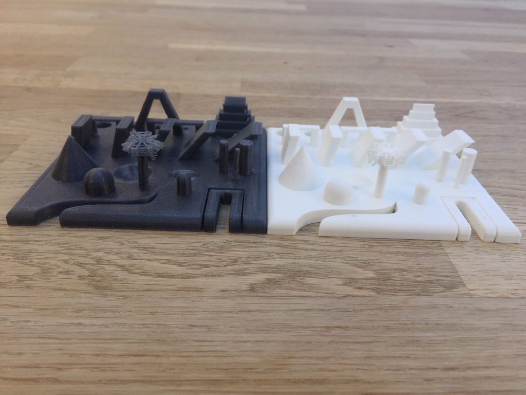 Fiberlogy PET-G 3D printed Torture Test (Vertigo, left) vs. Easy PLA (white, right)
