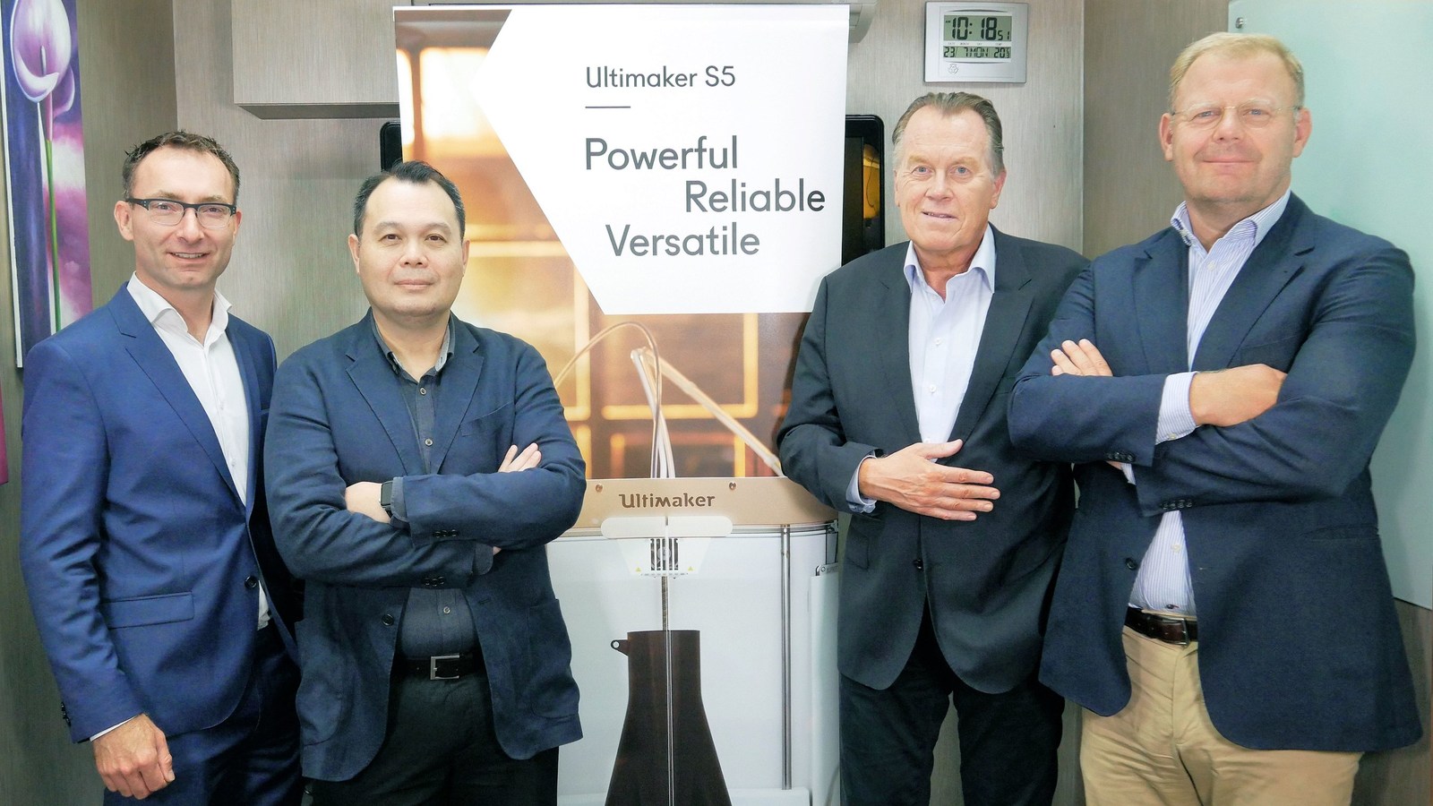 Opening Ultimaker's Singapore office (left to right): Siert Wijnia (CTO), Benjamin Tan (VP APAC), Jos Burger (CEO), Paul Heiden (SVP Product Management. Photo via Ultimaker.