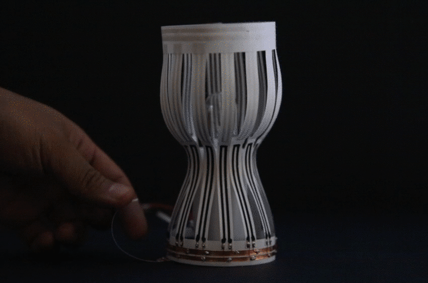 A lampshade is developed to showcase how a transformable volumetric shape can be integrated with slider sensing. Clip via Morphing Matter Lab.
