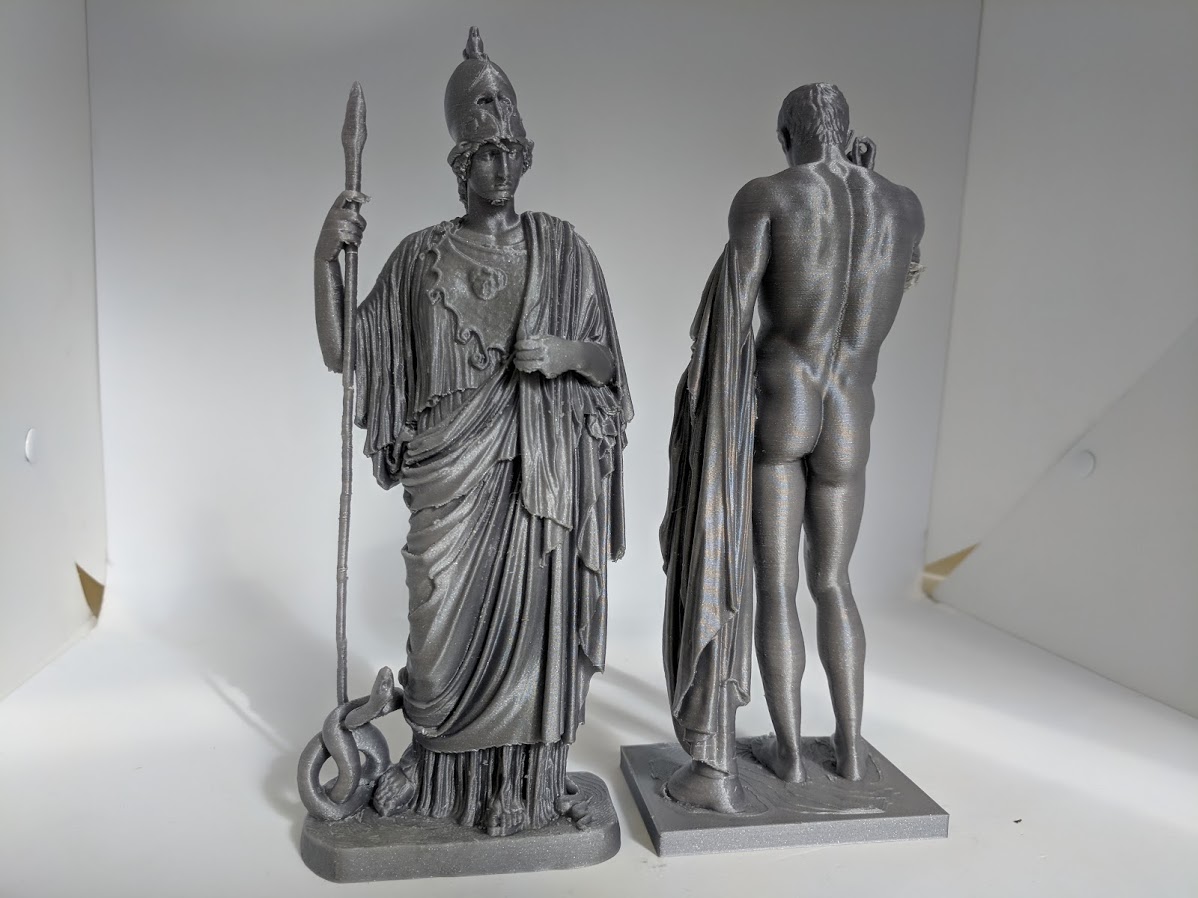 3D prints using unlabeled Prusament Silver PLA. Photo by Michael Petch.