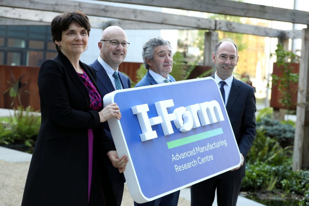From left to right: UCD Professor Orla Freely, SFI Director General Prof Mark Ferguson, Ireland's Minister for Innovation, Research and Development John Halligan and I-Form Centre Director Prof Denis Dowling. Photo via SFI