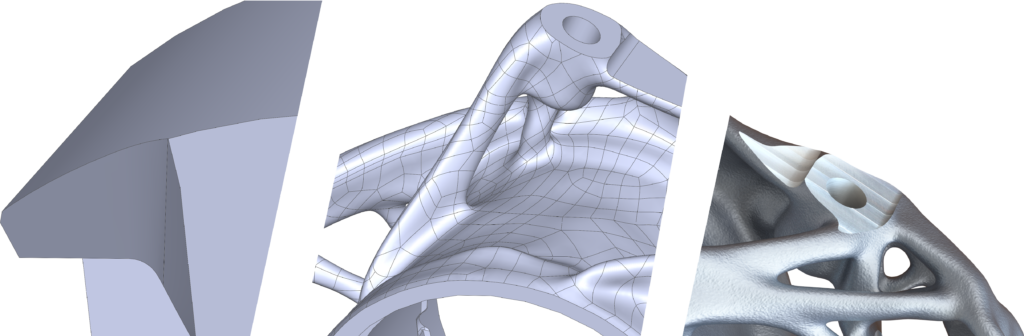 Step by step demonstration of traditional through to topology optimized part design. Image via AMendate