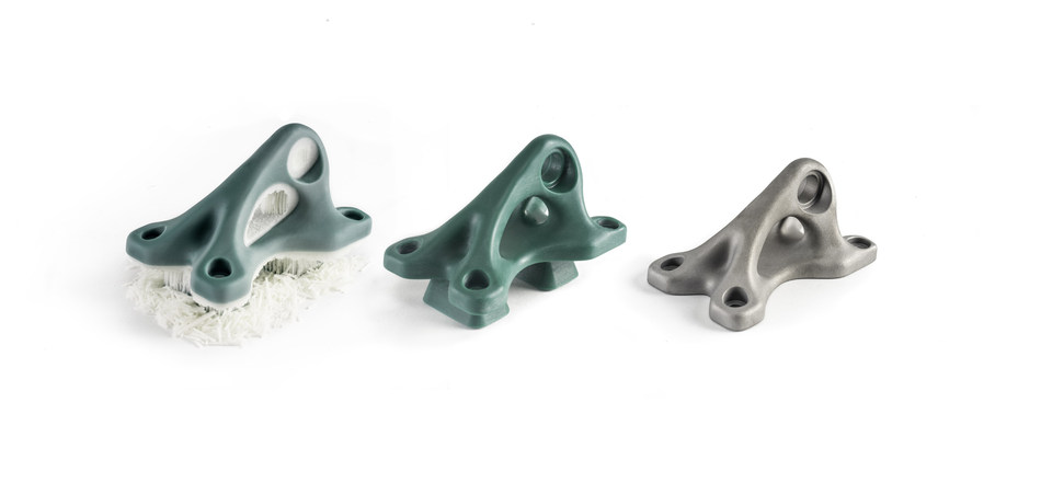 A finished metal casting (far right) using the ProJet wax casting (left). Image via 3D Systems