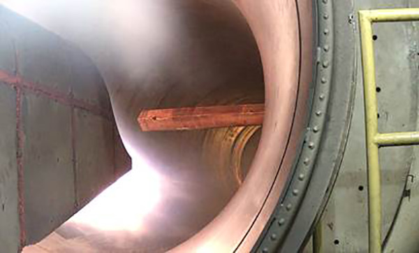 Aerojet Rocketdyne’s new dual-mode ramjet/scramjet undergoes testing in the 8-foot high temperature tunnel at NASA’s Langley Research Center in Hampton, Virginia. Photo via Aerojet Rocketdyne.