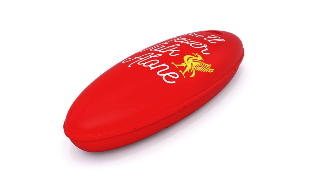 Alternative coffin design bearing the Liverpool F.C. anthem "You'll Never Walk Alone." Image via Koffin