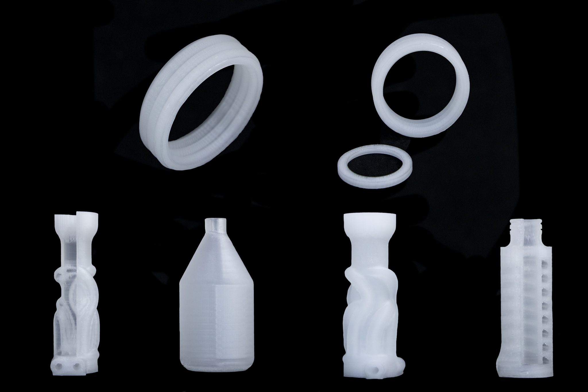 Parts made with Apium’s new 3D printing material, polypropylene. Image via Apium