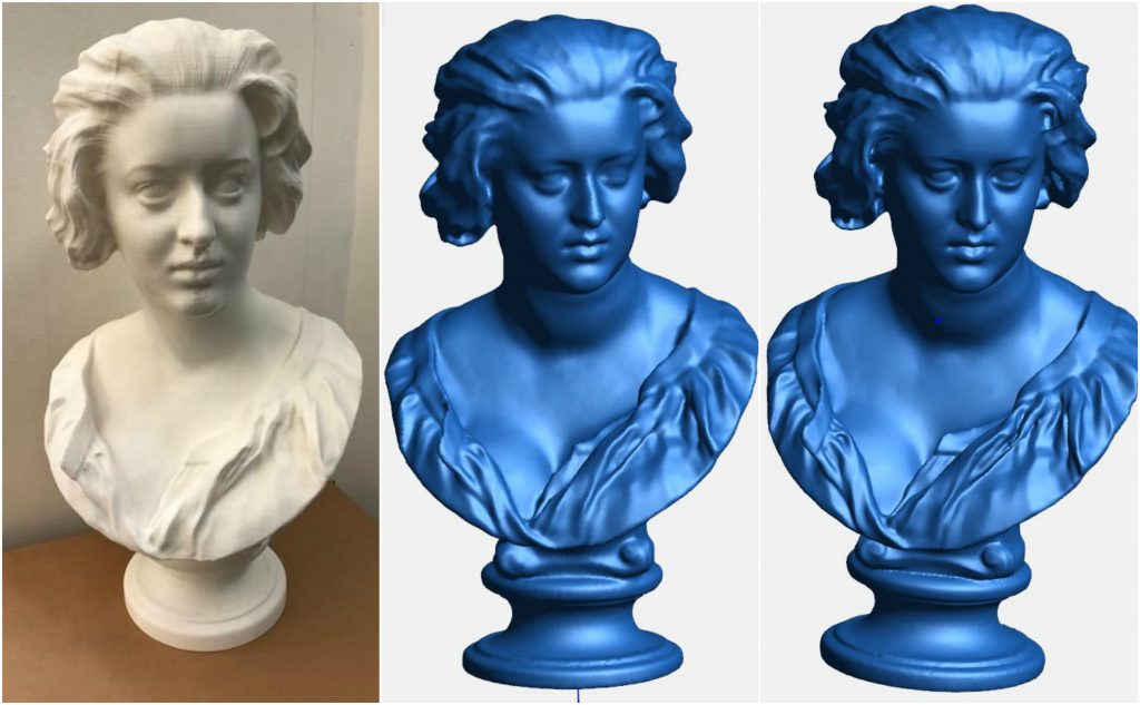 From left: replica 3D printed Bust of Costanza Bonarelli vs scan Test 4A and Test 4B.