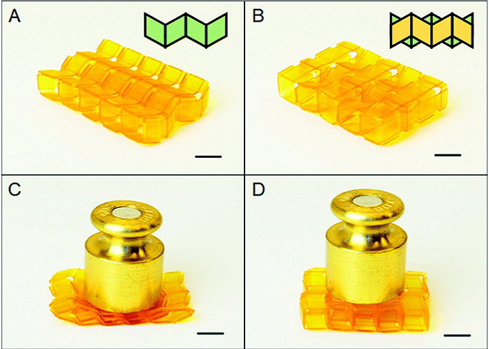 Origami assemblies tuned to be flat (left) or supportive (right) when bearing a load. Image via Soft Matter