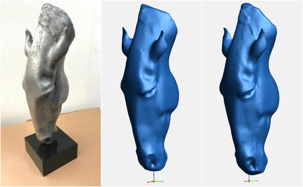 From left: 3D printed and silver sprayed replica of the Marwari Horse Head sculpture vs scan Test 3A and Test 3B.