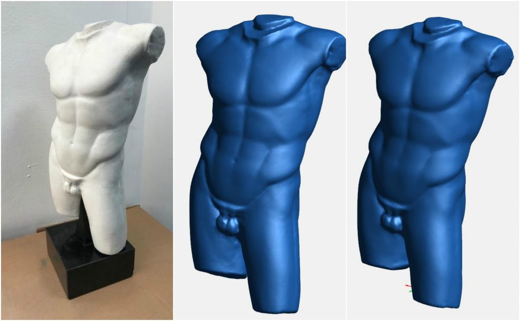 From left: 3D printed replica of the Diadumenos Male Torso vs scan Test 1A and Test 1B.
