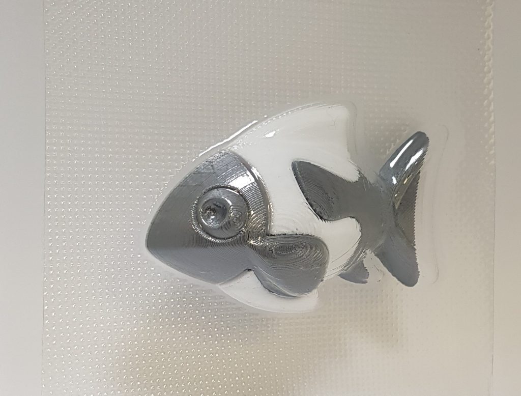 3D printed fish in its vacuum formed packaging.