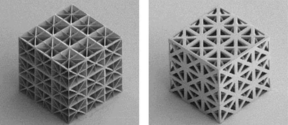 "Example of additively-manufactured polymer plate-lattice (left) and a truss-lattice (right). The cube on the left is constructed from plates measuring just 2 micrometres in thickness. Both cubes have an edge length of 0.2 millimetres." Caption via ETH Zurich, image source Tancogne-Dejean T et al. Advanced Materials 2018